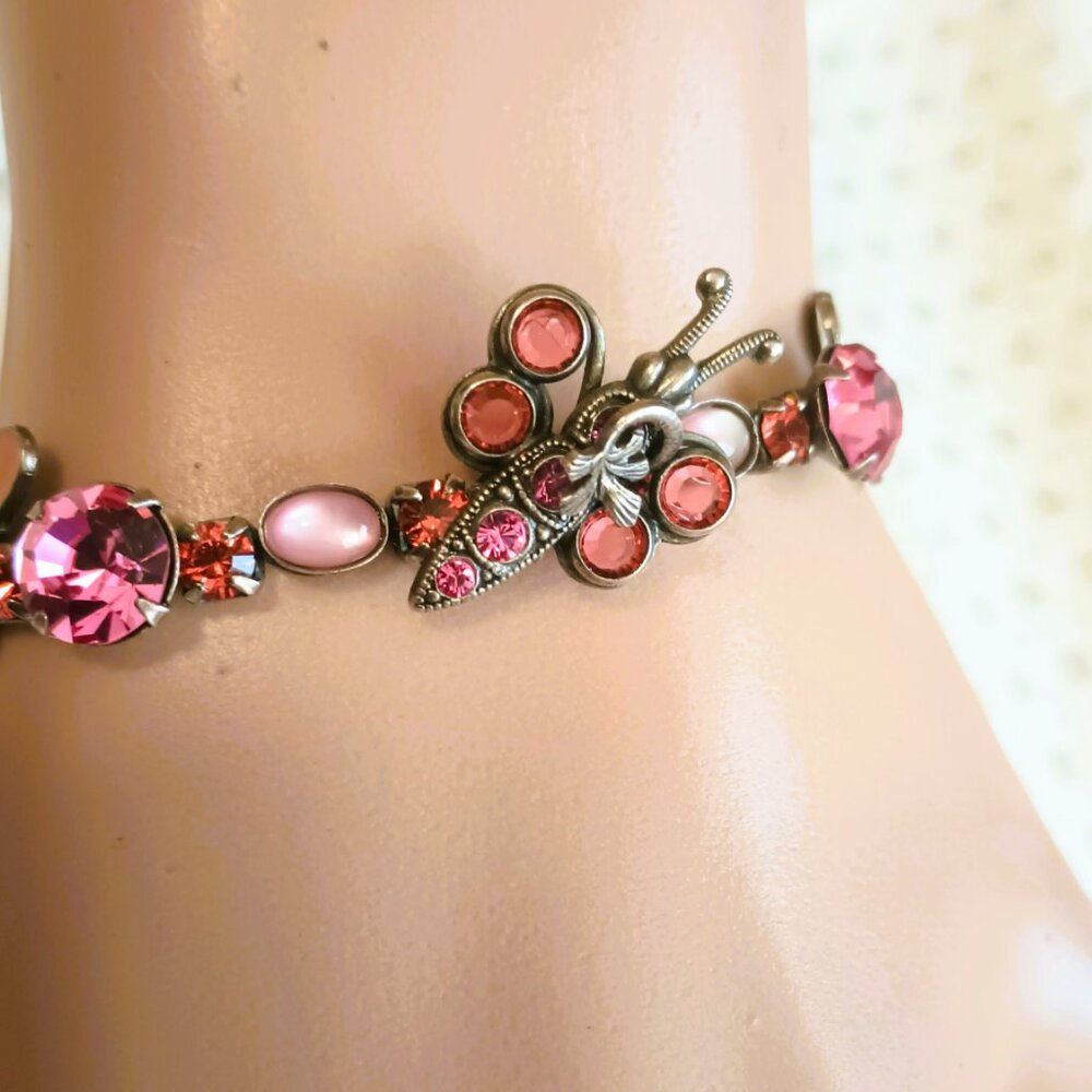 Mary Demarco La Contessa Bracelet 7" Whimsical Butterfly & Flowers Pink Crystals